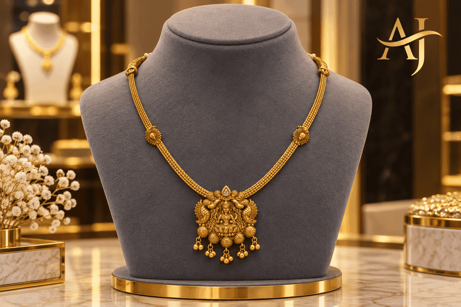 Goddess Lakshmi Mayil Temple Gold Necklace