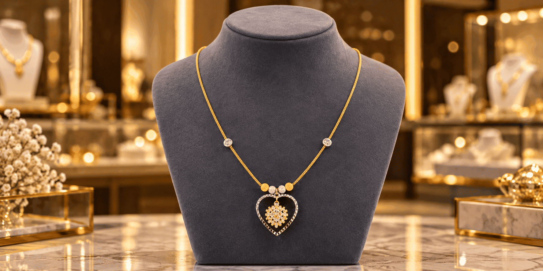 Romantic Heart & Floral Cluster Gold Necklace