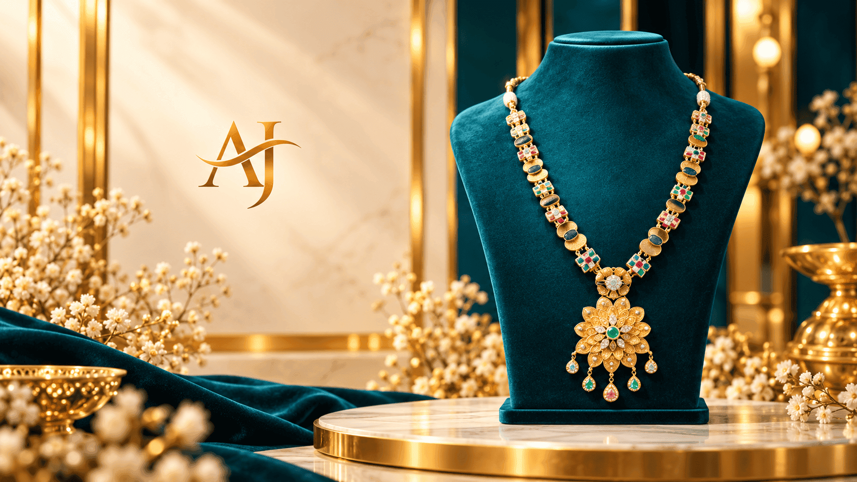 Navratna & Emerald Bloom 24K Gold-Plated 925 Silver Royal Haram